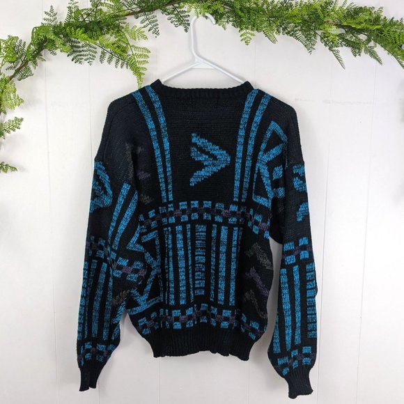 Vintage Black and Blue Patterned Acrylic Sweater - Picture 3 of 4